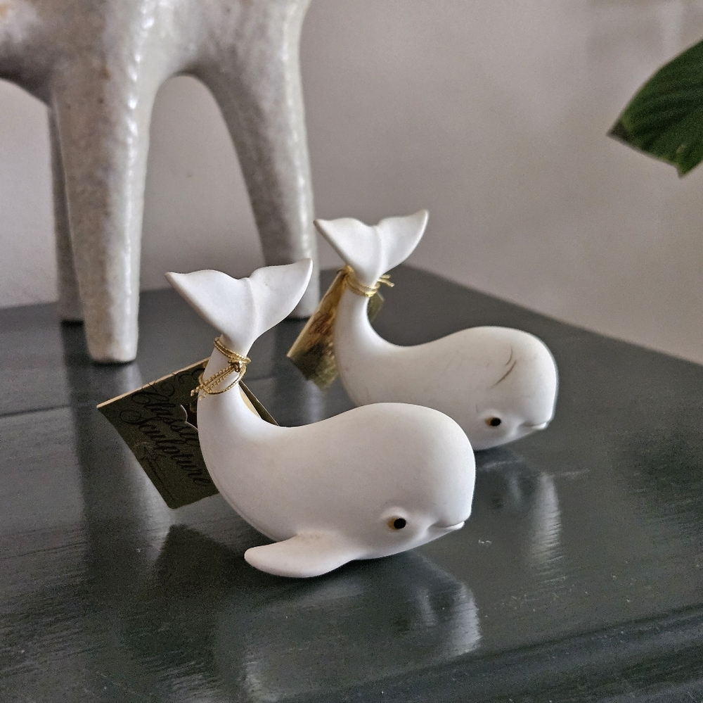 George Good Classic Sculpture Bone China 22 Karat Gold White Whale Set Of 2 Vtg